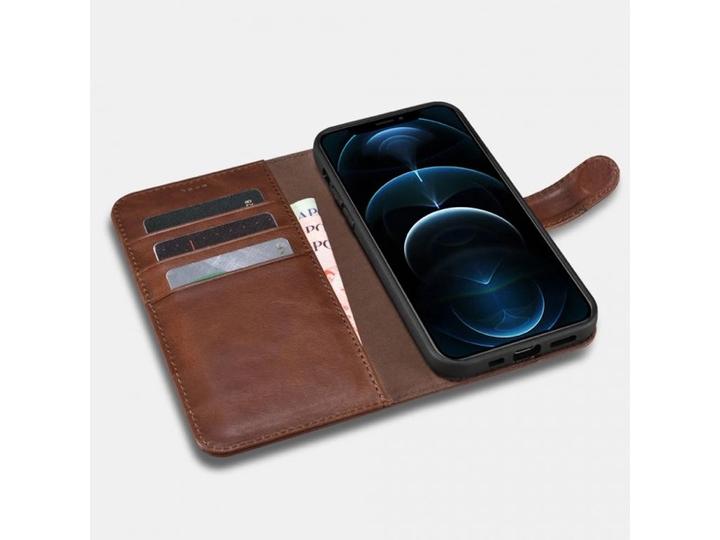 Produktbild iCarer iPhone 12 Pro Max - Crazy Horse Echtleder Wallet-Etui, 2in1 mit RFID-Schutz, braun (Apple iPhone 12 Pro Max)