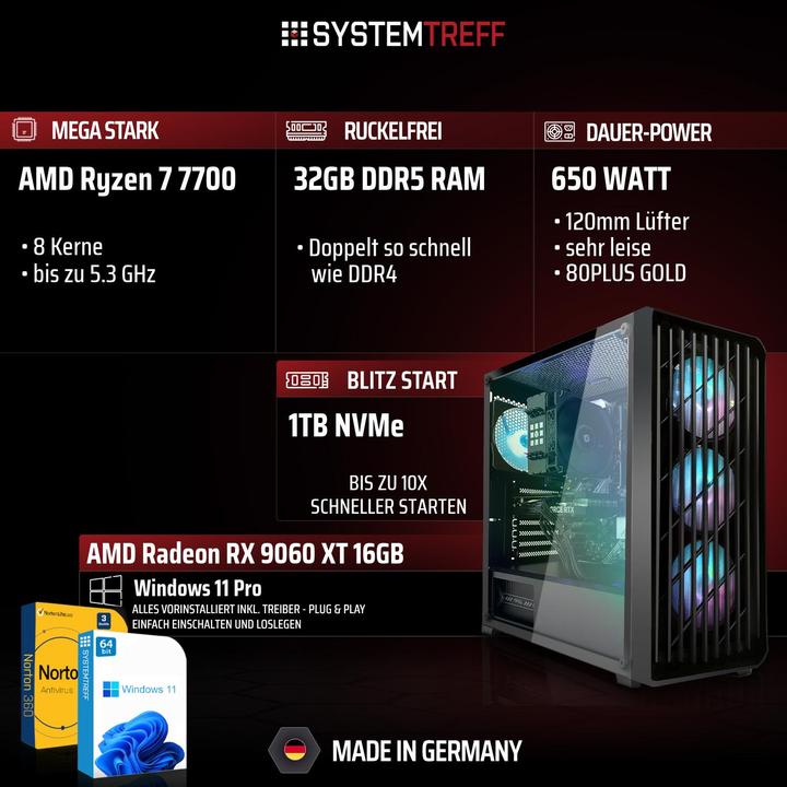 Produktbild SYSTEMTREFF Gaming PC G245058 (1000 GB, 32 GB, AMD Ryzen 7 7700, Radeon RX 9060 XT)