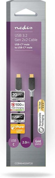 Productafbeelding Nedis USB-C kabel, 20Gbps, 100W PD, 2m (2 m, USB 4.0, 100 W)