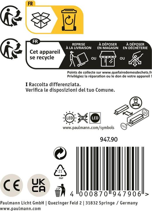 Valeurs nutritives et ingrédients Paulmann Borne d'éclairage Capea Grand (1200 lm, IP44)