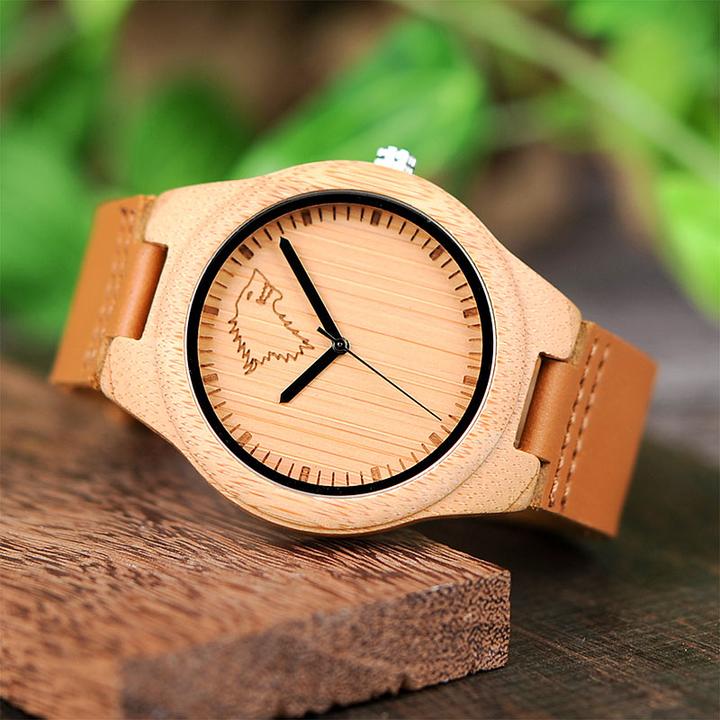 Immagine prodotto Natura Punto Orologio Aparte in bambù con animale selvatico stilizzato, cinturino in pelle