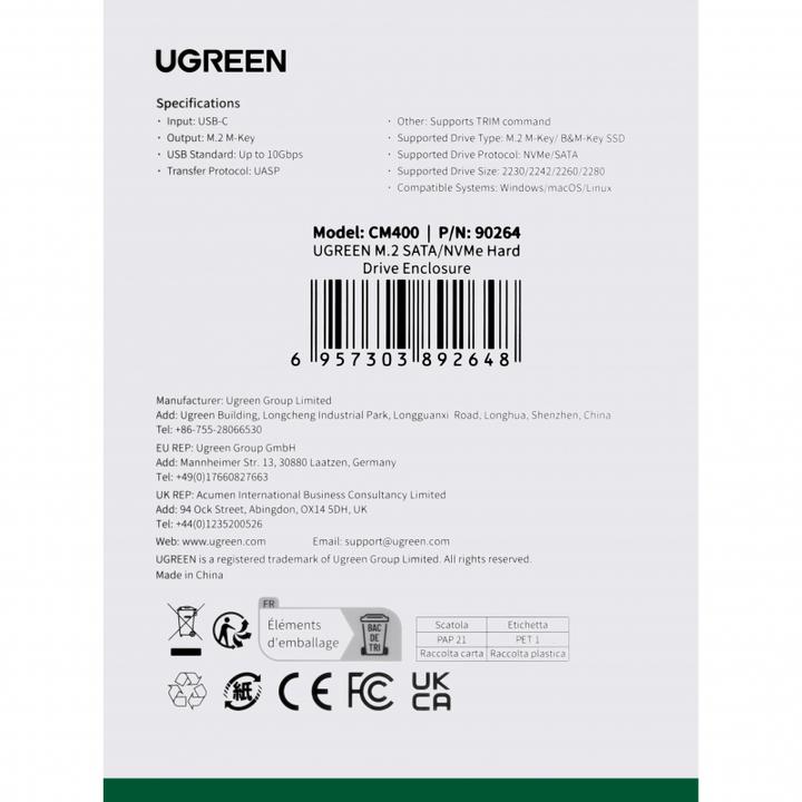 Productafbeelding Ugreen CM400 M.2 SSD behuizing, NVMe, SATA, 10Gbps, USB-C (Grijs) (M.2 2280)