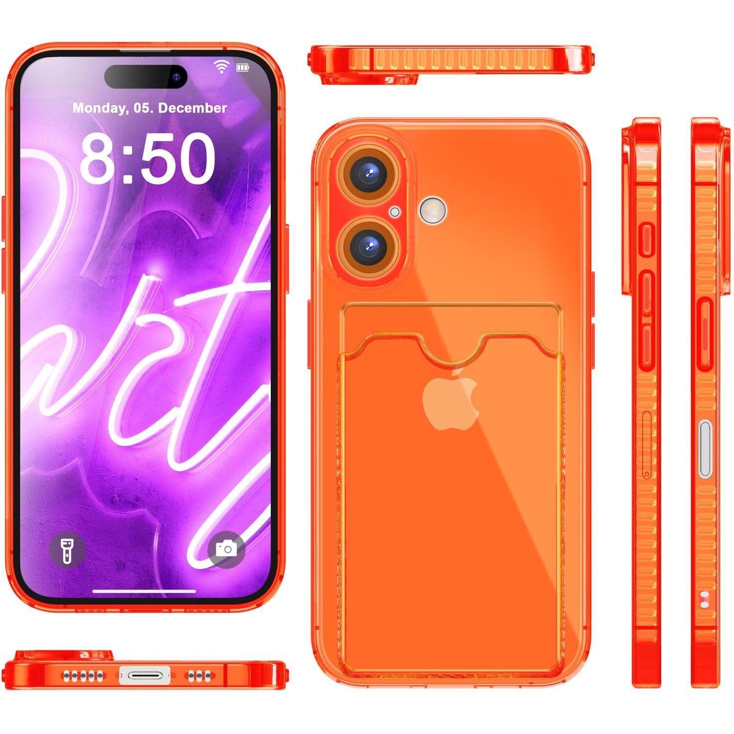Thumbnail - Nalia Klar Transparente Neon Silikon Hülle Kartenhalter (Apple iPhone 16), Smartphone Hülle, Orange