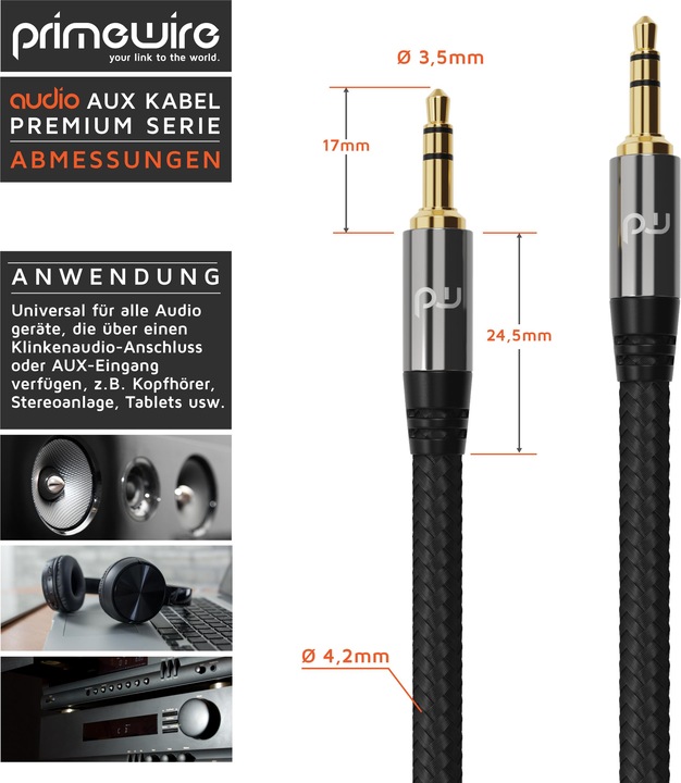 Actual product image Primewire 3.5 mm AUX jack cable, audio cable with nylon sheath, 3.5 mm jack to jack audio cable (2 m, 3.5mm jack (AUX))