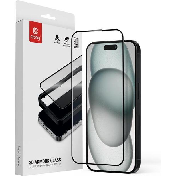 Crong 3D Armour Glass - 9H Tempered Full Glue Glass for iPhone 16 / iPhone 15 Installation Frame (Apple iPhone 15, Apple iPhone 16), Pellicola protett