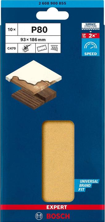 Image du produit Bosch Professional Zubehör Papier abrasif Expert C470 avec 8 trous pour ponceuses vibrantes, 93 x 186 mm, G 80, 10 pcs. (80)