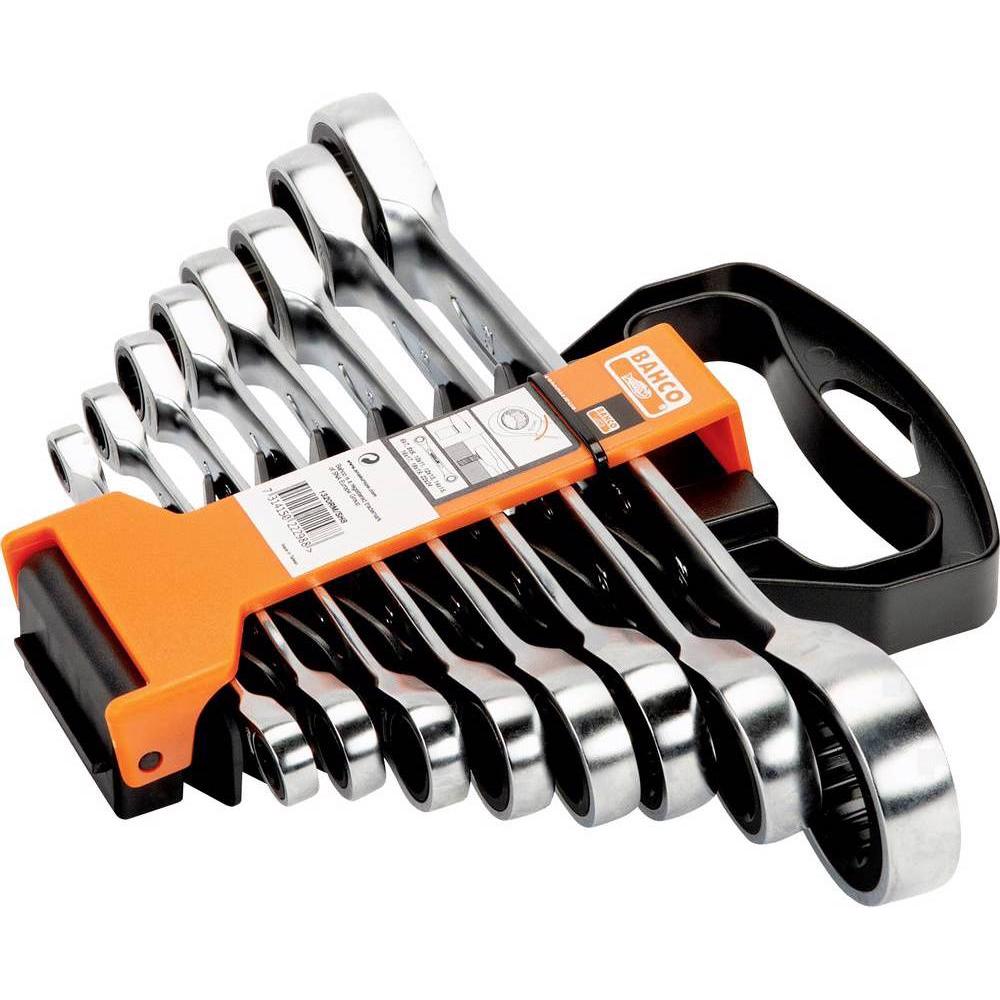 Bahco, Schraubenschlüssel, Satz metrische Knarren-Ringschlüssel - 8-teilig (7 mm, 9 mm, 11 mm, 13 mm, 15 mm, 17 mm, 19 m...