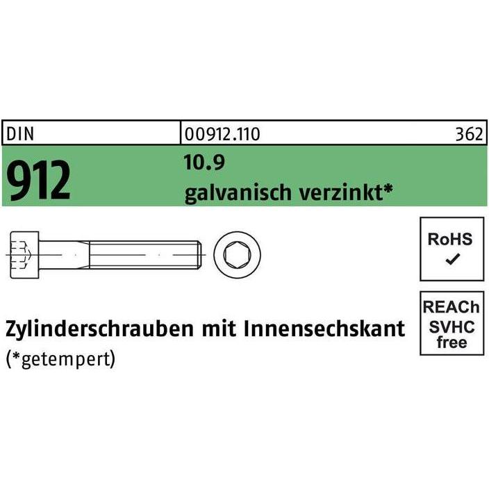 Thumbnail - Schrauben, Zylinderschraube DIN 912 m.Innensechskant M 8 x 25 10.9 galvanisch verzinkt (200 Schrauben pro Stück)