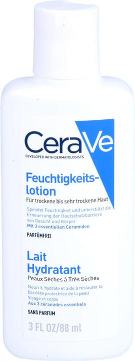Produktbild CeraVe Feuchtigkeitslotion: Körperlotion für trockene bis sehr trockene Haut für Gesicht und Körper (Körpercreme, 88 ml)