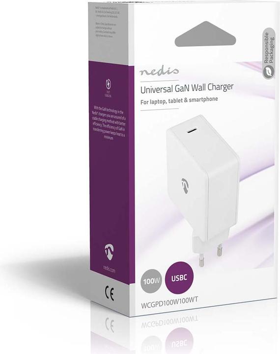 Produktbild Nedis Netzladegerät 100 W GaN Schnellladefunktion 3.0 5.0 A A - Anzahl der Ausgänge: 1, USB-C™, Auto (100 W, 1 Port)
