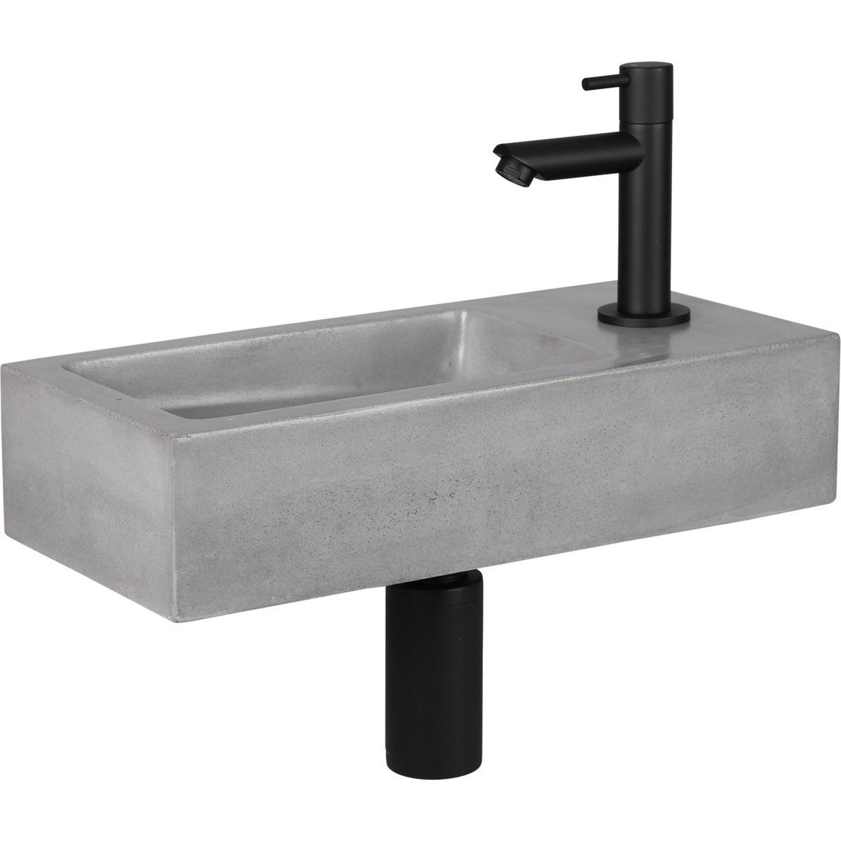 Differnz, Lavandino, Jukon Fonteinset - Wasbak Beton - Lichtgrijs - Rechte Kraan - Mat Zwart - Standaard Greep - 38,5 x 1 (185 mm, 385 mm)