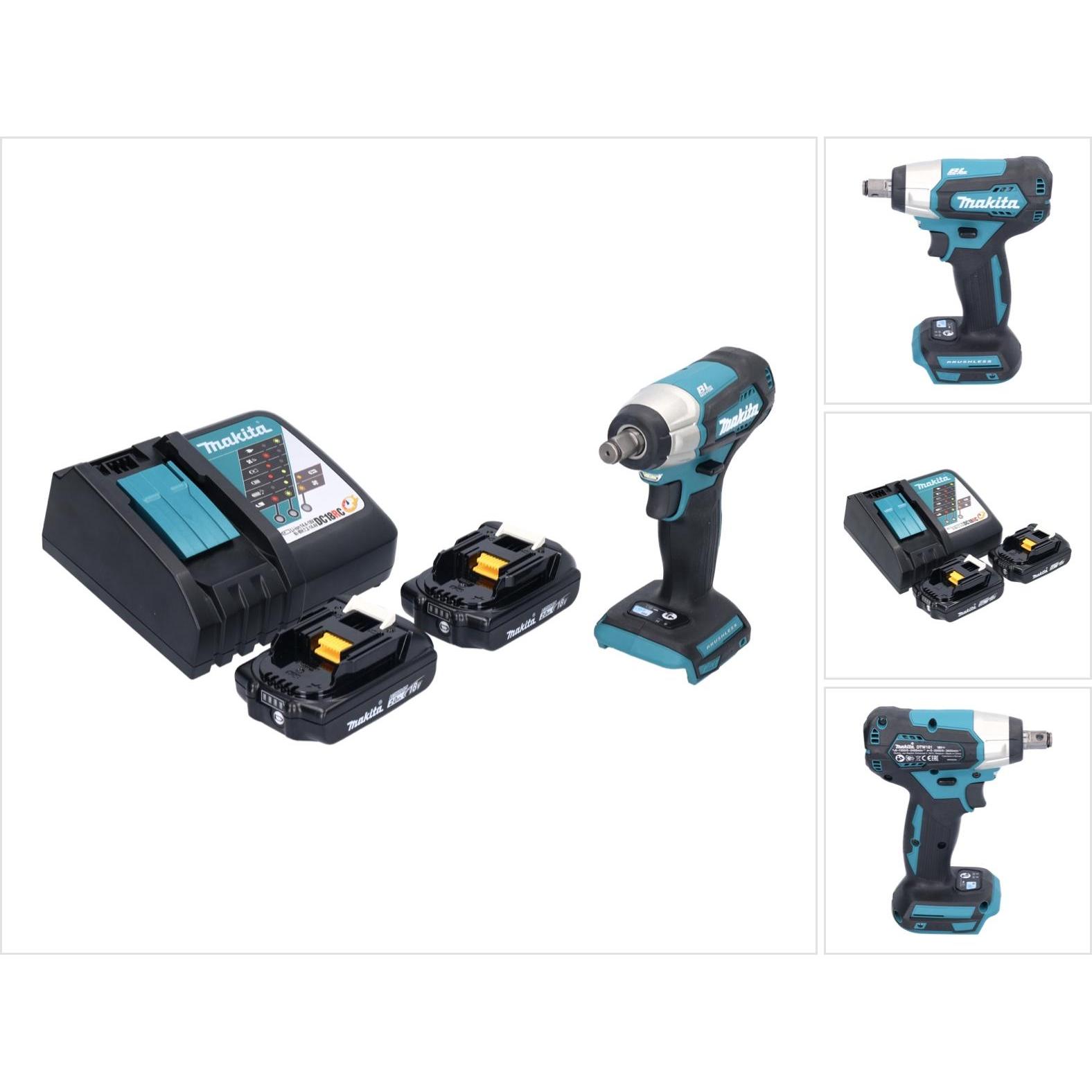 Makita, Bohrmaschine + Akkuschrauber, DTW 181 RA Akku Schlagschrauber 18 V 210 Nm 1/2" Brushless + 2x Akku 2,0 Ah + Lade...