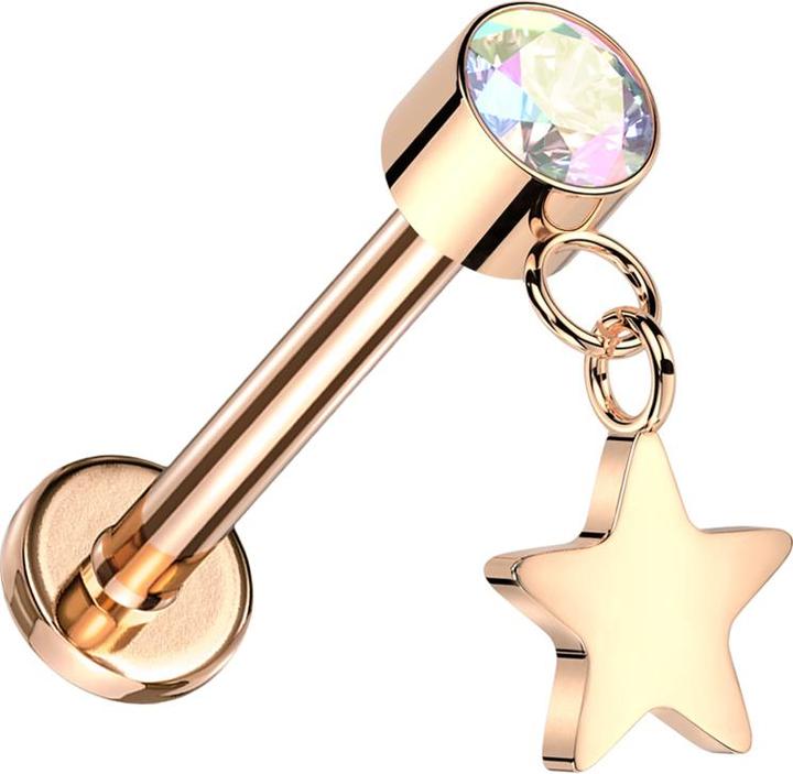 Image du produit Star Piercing Micro Threadless Labret or rose Cylindre or rose Cristal multicolore Pendentif étoile or rose (sans laiton, Titane)