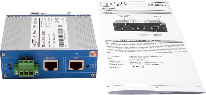 Produktbild Exsys Industrial PoE++ Gigabit Splitter 36W (PoE Splitter)
