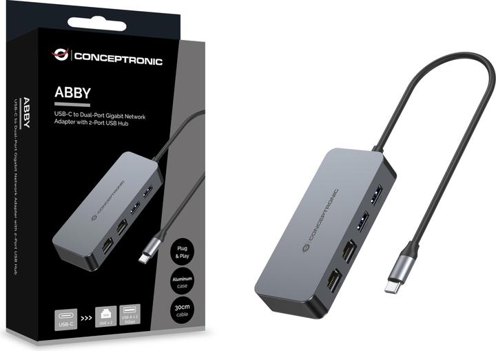 Actual product image Conceptronic Adapter USB-C->2xRJ45+2xUSB-A3.2 5Gbps (USB-C, 2 ports)