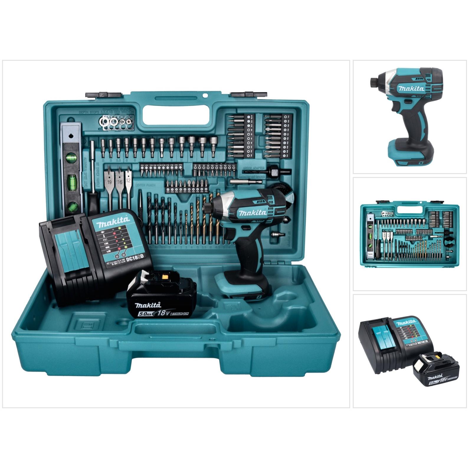 Makita, Bohrmaschine + Akkuschrauber, DTD 152 STX5 Akku Schlagschrauber 18 V 165 Nm + 1x Akku 5,0 Ah + Ladegerät + 101 t...