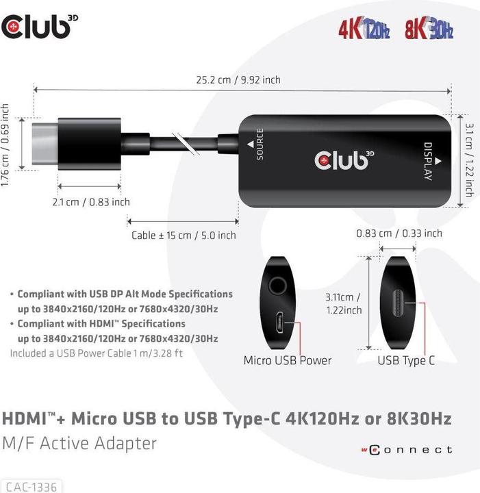 Produktbild Club 3D HDMI + MicroUSB zu (HDMI, 7.20 cm)