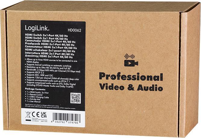 Image du produit LogiLink HDMI-Switch, 3x1-Port, 4K/60 Hz, HDCP, HDR, CEC, RC