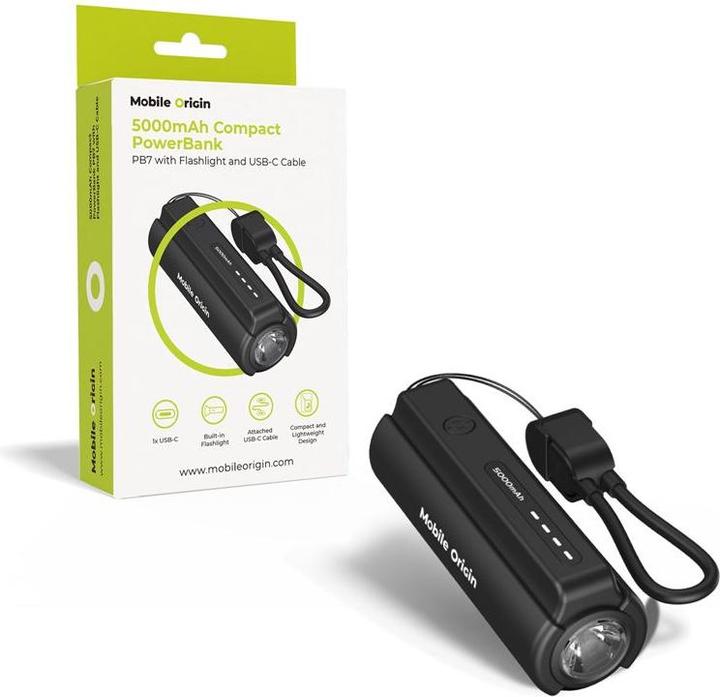 Image du produit Mobile Origin 5000mAh Compact PowerBank PB7 with Flashlight and USB-C Cable (5000 mAh)