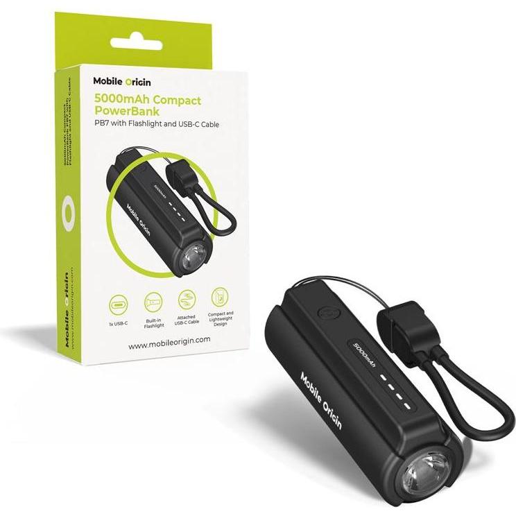 Mobile Origin 5000mAh Compact PowerBank PB7 with Flashlight and USB-C Cable (5000 mAh), Powerbank