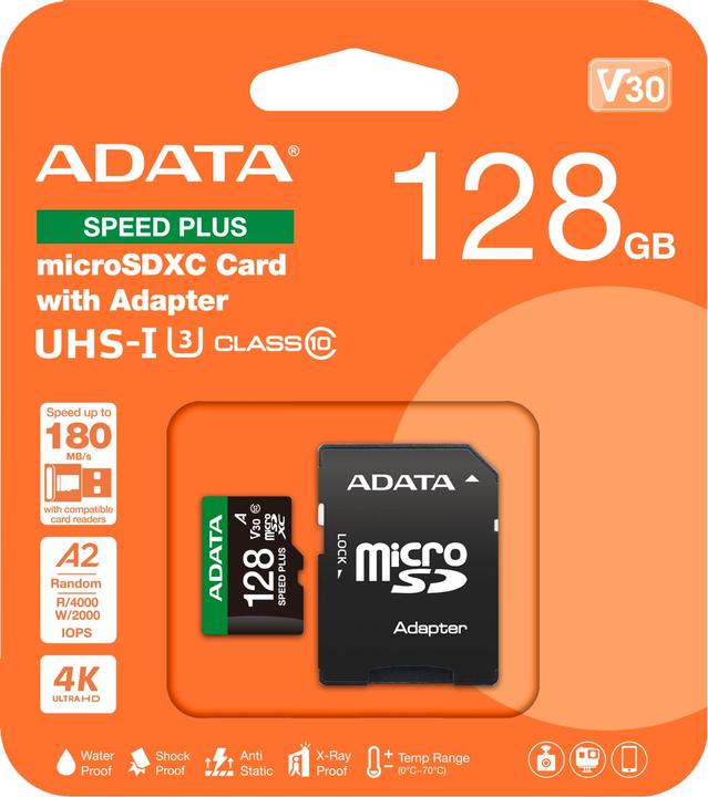 Produktbild Adata microSD 128GB Speed Plus UHS-I U3 + Adapter (128 GB, microSDXC, U3, UHS-I)