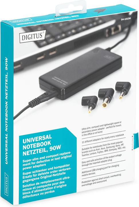 Produktbild Digitus Notebook Netzteil Slim mit LED 90W out 15/16/18/18.5/19/19.5/20VoltDC Inkl.11 Stecker-Ada... (90 W)