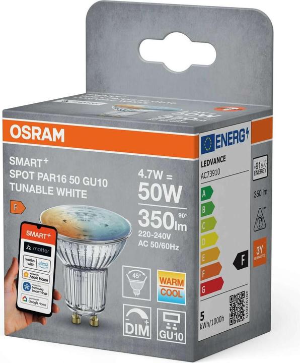 Produktbild Osram SMART+ MATTER SPOT GU10 Tunable white 4.7W 827...865 TW GU10 SINGLE PACK (GU10, 350 lm, 1x)