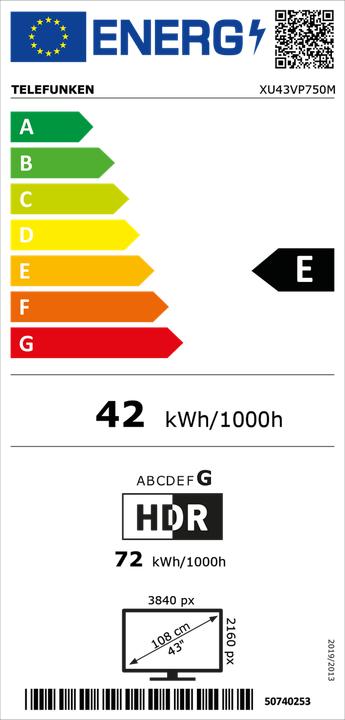 Energie-Label Telefunken Fernseher 43 Zoll Smart TV VIDAA (4K UHD, HDR Dolby Vision, HD+ 6 Monate, Triple-Tuner) (43", LED, 4K, 2025)