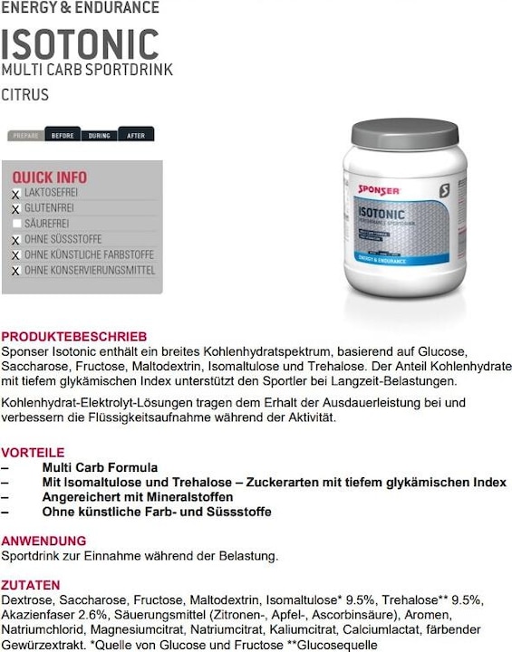 Nährwerte und Zutaten Sponser Isotonic (Blutorange, 1 Stk., 1000 g)