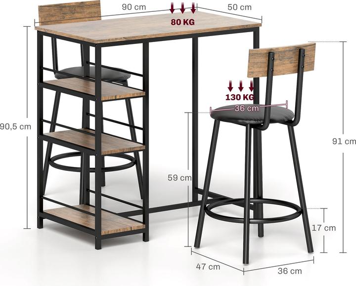 Produktbild Homcom Bartisch Set Stahl, MDF Eiche (90 x 50 x 90.50 cm)