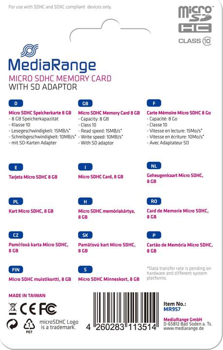 Productafbeelding MediaRange MR957 (8 GB, microSDHC, U1)