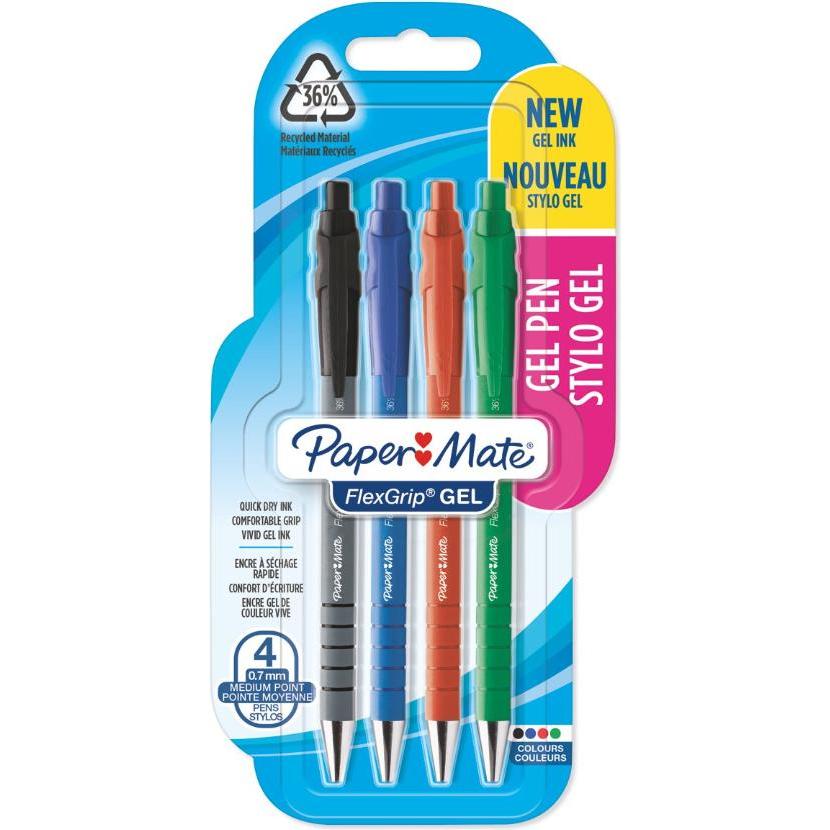 Paper Mate, Schreibstifte, Gelschreiber FlexGrip Gel 4er S/B/R/G M (Schwarz, Blau, Rot, Grün, 4 x)