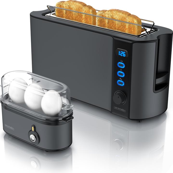 Actual product image Arendo Breakfast set, 2-slice long slot toaster with bread roll top & egg boiler for 3 eggs, grey