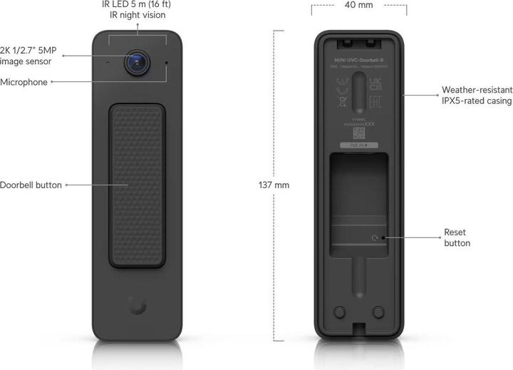 Produktbild Ubiquiti UniFi Protect Doorbell Lite • Video • IPX5 • PoE • black • UVC-Doorbell-Lite-B (Ethernet, Kabelgebunden)