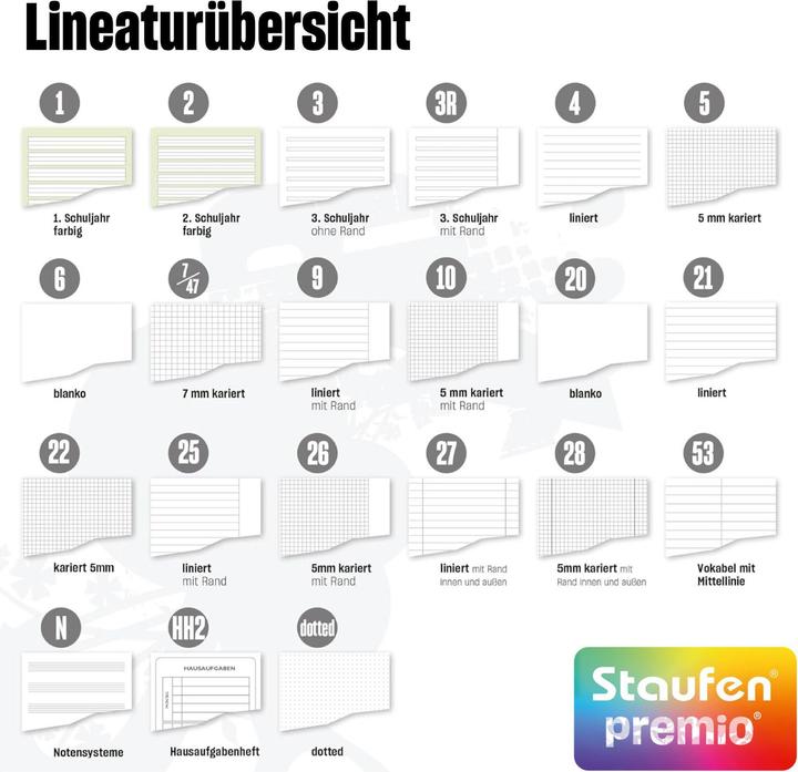 Produktbild Staufen Schulheft Premio, DIN A5 = 14,8 cm x 21,0 cm, 10mm liniert, 4, 32 Blatt, farbig mit Motiv (A5, Liniert, Weicher Einband)