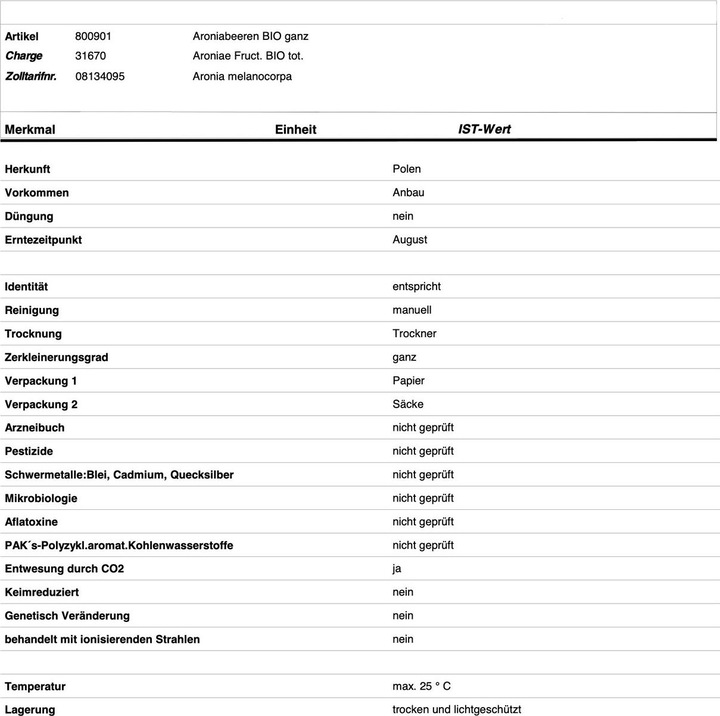 Nährwerte und Zutaten Zimmerli Adaptogene Aronia Beeren (BIO) (1 Stück, Pulver, 100 g)