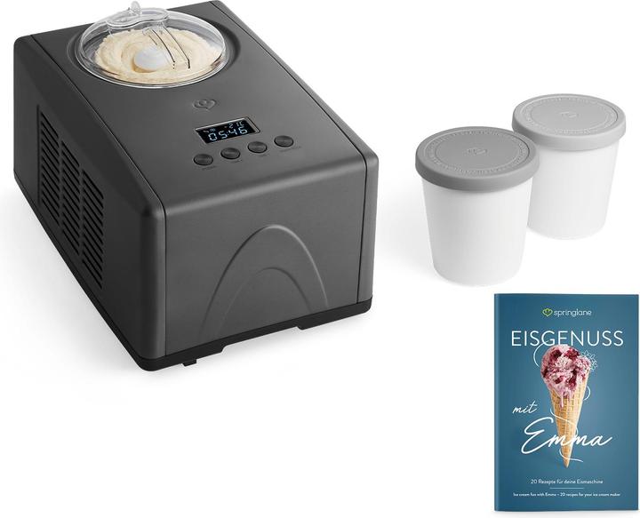 Coperchio con apertura di riempimento, Dosatore, Cucchiaio porzionatore, Contenitore per gelato in acciaio inox, Palline di gelato, Ricettario, 2 contenitori di stoccaggio, Istruzioni per l'uso con ricette, Parte agitante, Spatola di plastica, Secchio per il ghiaccio, Gelatiera con compressore