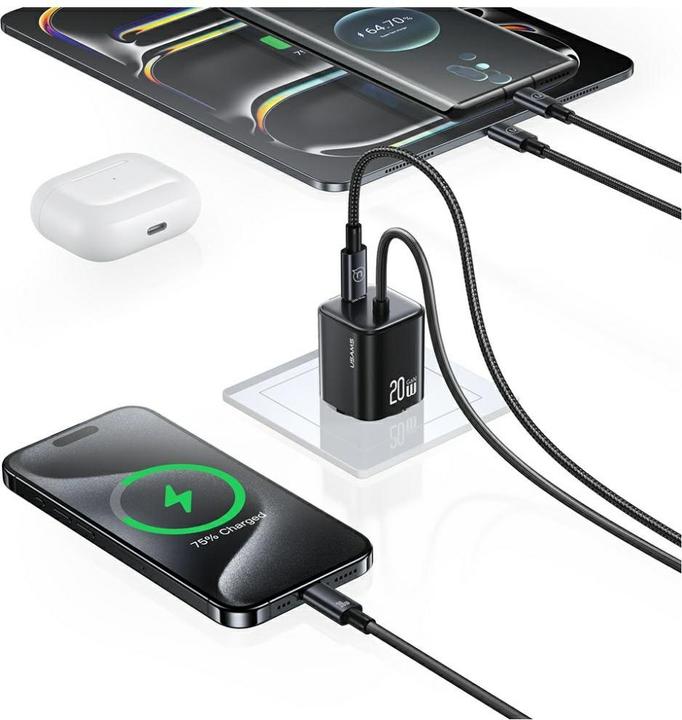 Actual product image Usams Ładowarka sieciowa JC Series CC261 20W GaN Mini Fast Charger 2xUSB-C biały (20 W, 2 ports)