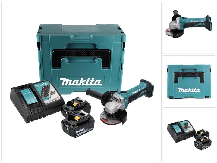 1x Makita DGA 452 Akku Winkelschleifer, 1x Schutzhaube, 1x Montageschlüssel, 2x Makita BL 1840 B 18V 4,0 Ah Akku, 1x Makita DC 18 RC Ladegerät, 1x Makita Makpac, 1x passende Einlage