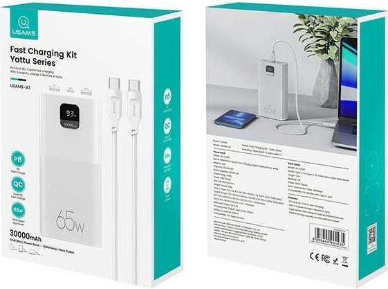 Actual product image Usams Powerbank PB68 30000mAh 65W QC3.0+PD Fast Charge + cable USB-C/USB-C 100W biały/white ATXLOGTC (30000 mAh, 65 W)