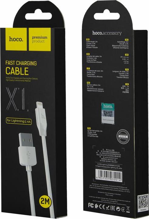 Image du produit Hoco - Data Cable Rapid (X1) - USB-A to Lightning, 10.5W, 2.4A, 2m - White (2 m, USB 2.0, 10.50 W)