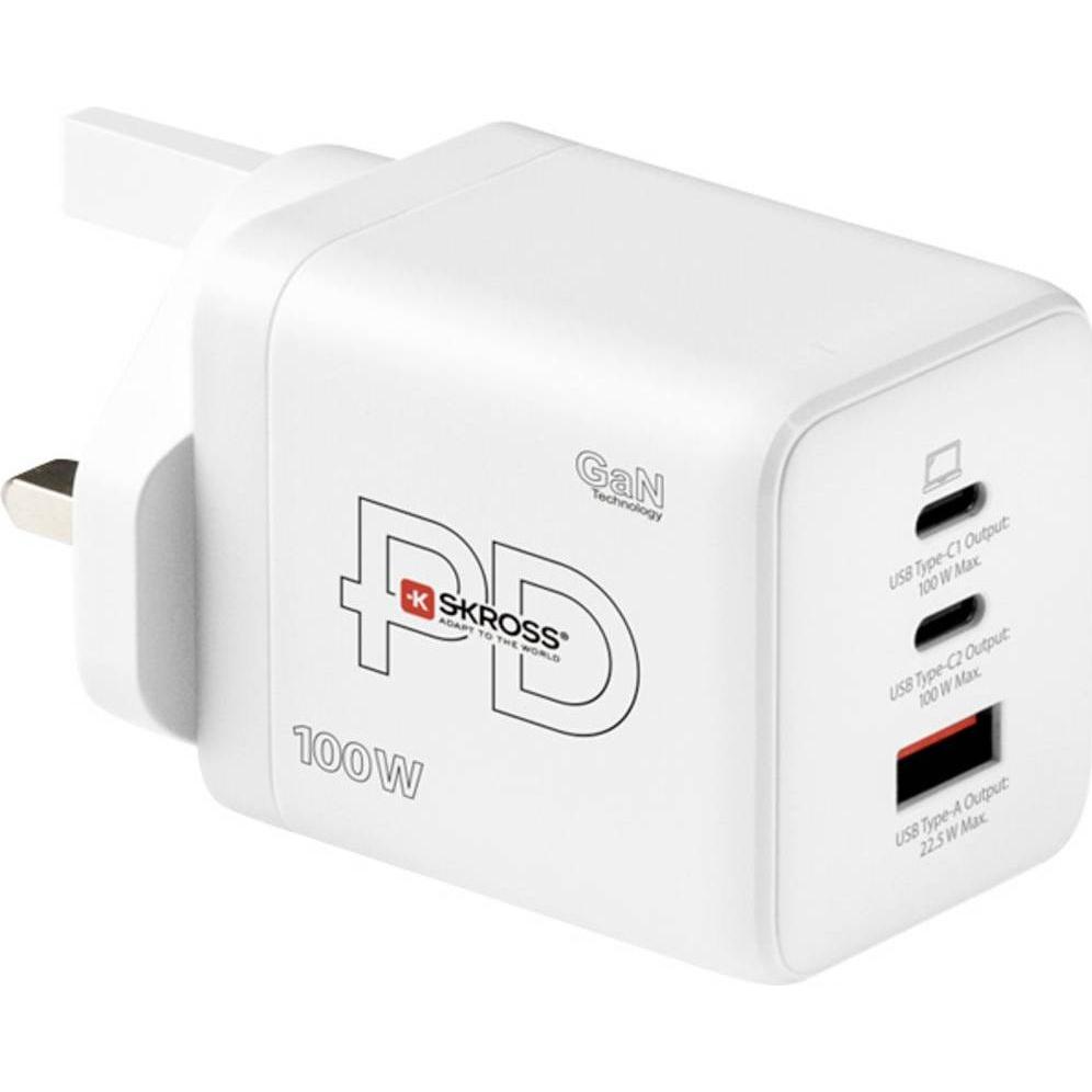Skross Power Charger Combo+ 100W UK USB Ladegerät 100 W 2x USB-C, 1x USB-A USB (100 W, 3 porte), Caricatore USB, Bianco