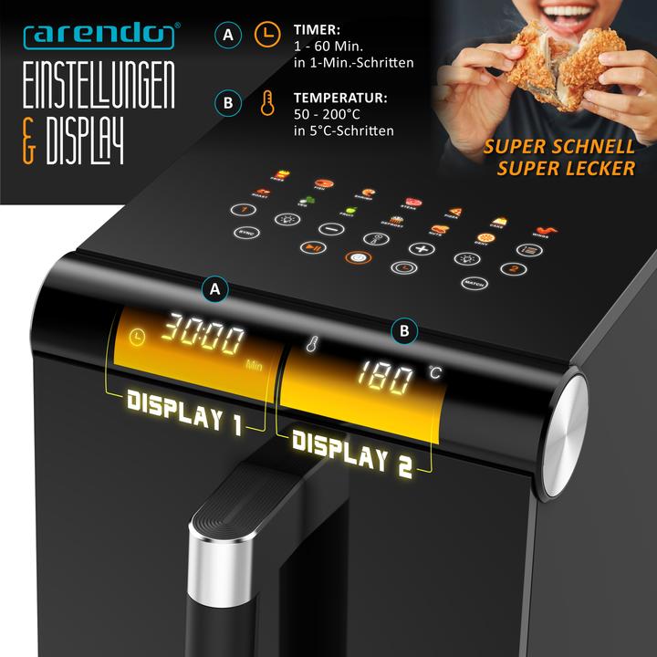 Produktbild Arendo Heissluftfritteuse Doppelstock, Dual Zone Airfryer 11L, Sichtfenster, Doppelkammer, 2800 W, Zubehör