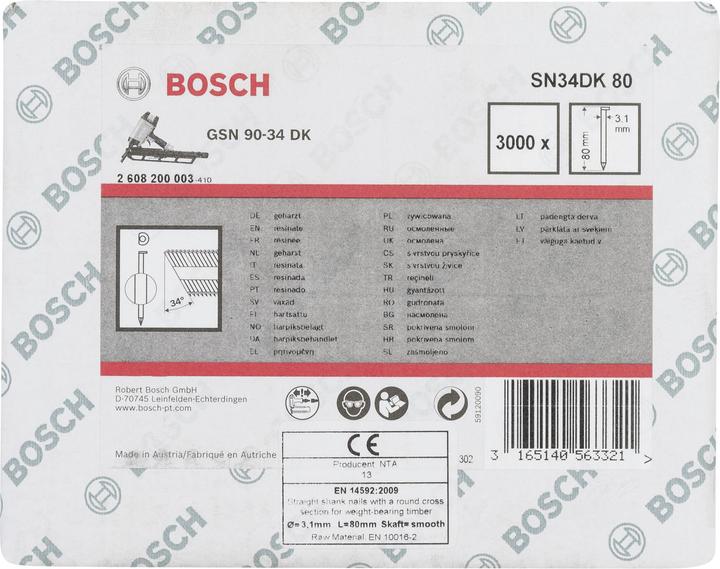 Nutritional values and ingredients Bosch Professional Zubehör D-head strip nail SN34DK 80, 3.1 mm, 80 mm, plain, smooth