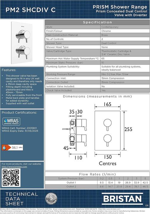 Actual product image Bristan Prisma Thermostatic Dual Control Shower Mixer with Integral Diverter and Temperature Control