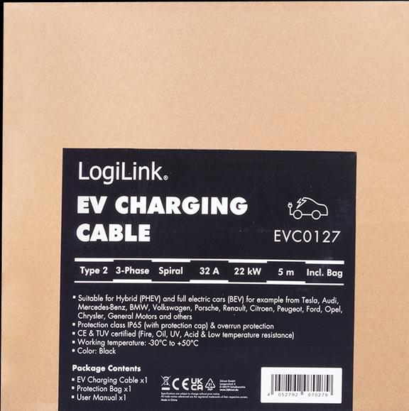 Immagine prodotto LogiLink Cavo di ricarica per auto elettriche (Tipo 2, 22 kW, 32 A, 5 m)