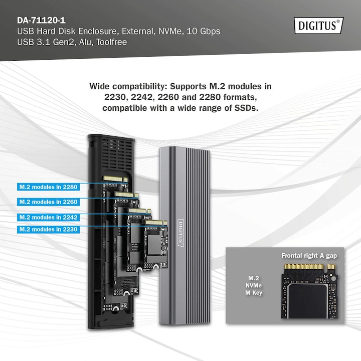 Actual product image Digitus USB M.2 hard disk enclosure, SSD, external, NVMe, 10Gbps, USB 3.1 Gen2, aluminum, toolfree (M.2 2242, M.2 2260, M.2 2280, M.2 2230)