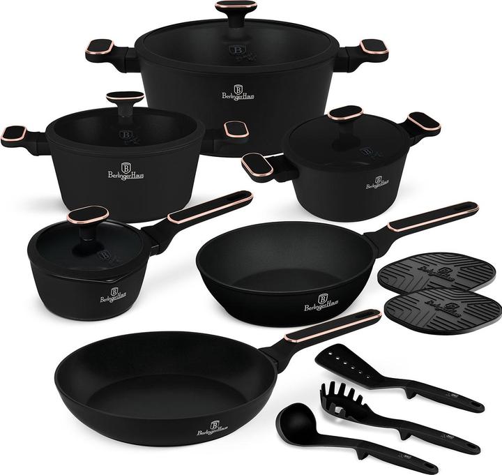 BerlingerHaus Design Kochset inkl. Kochbesteck und Untersetzer, 15-teilig, schwarz-roségold (Pentola, Alluminio)