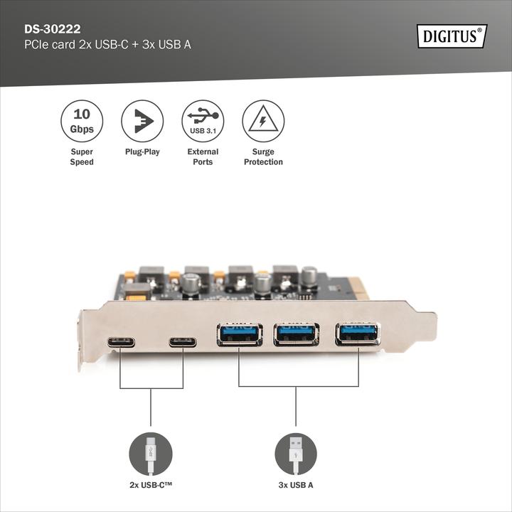 Produktbild Digitus PCIe Karte 2x USB-C + 3x USB A