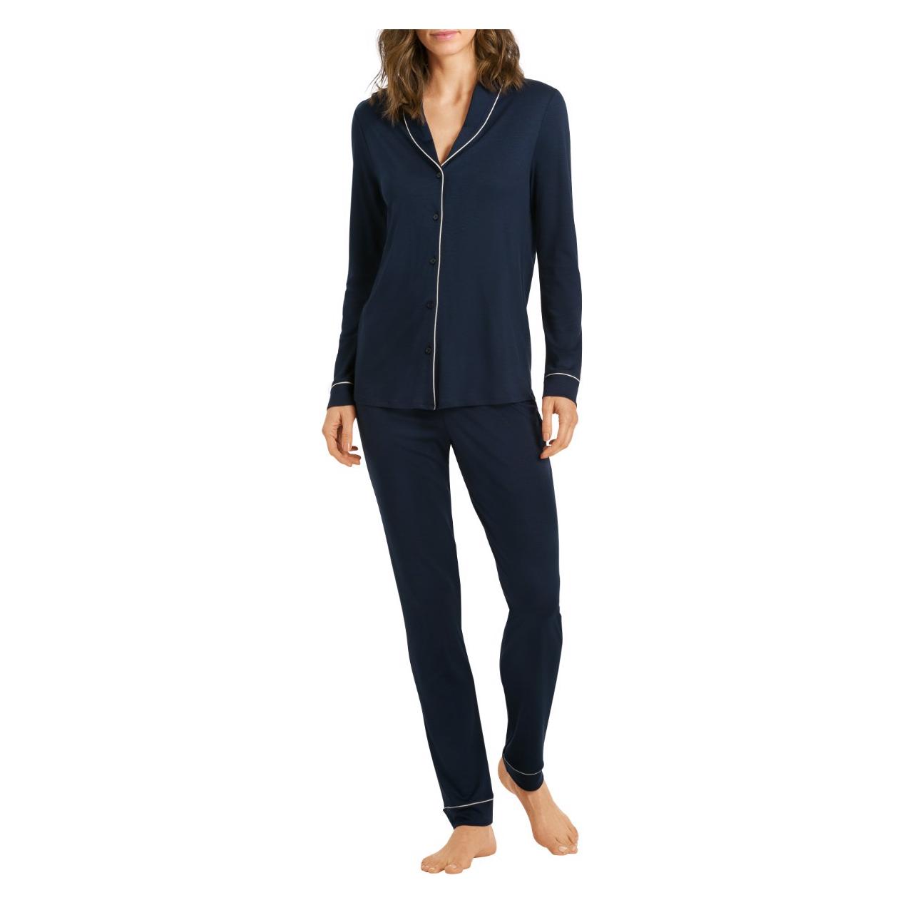 Hanro, Damen, Pyjamas, Natural Comfort Pyjama - Langarm, Blau, (M)